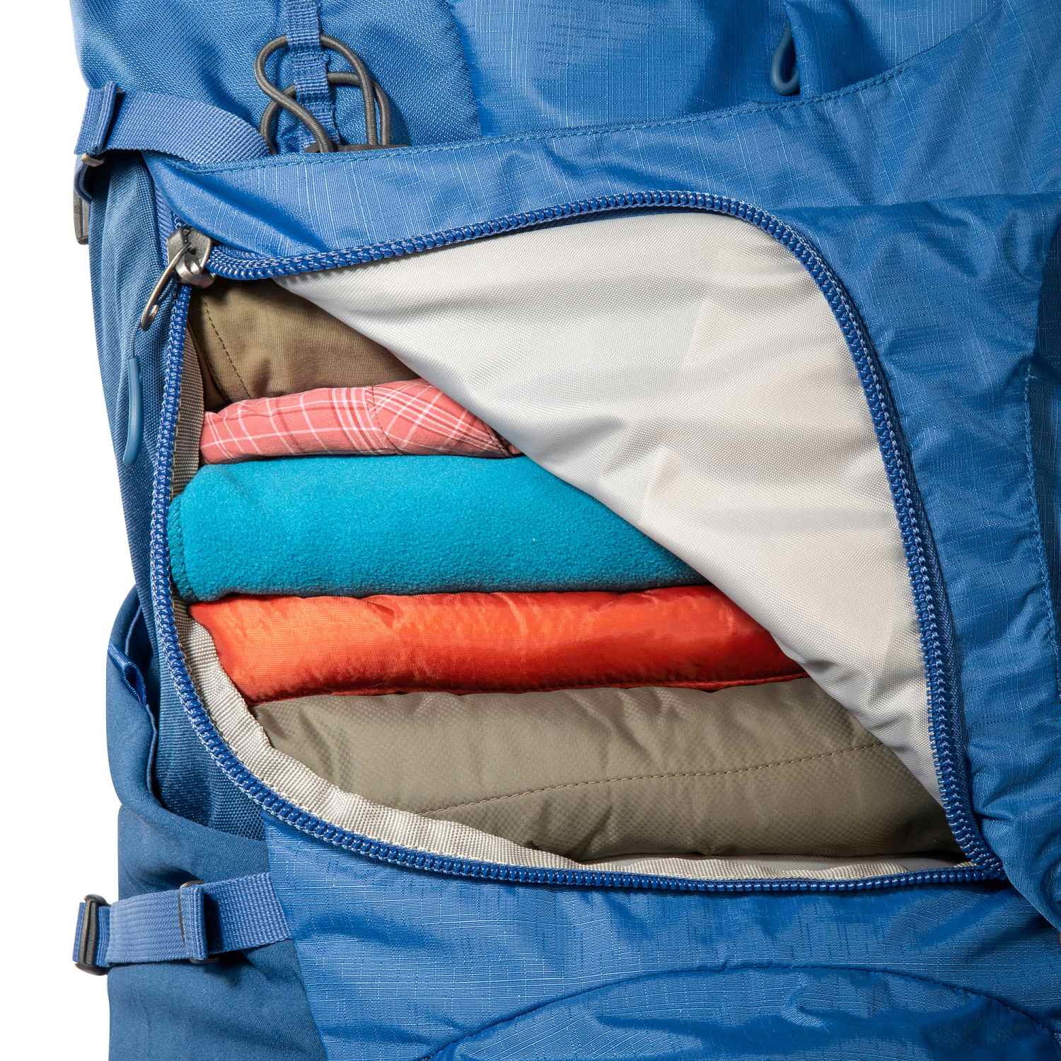 Tatonka Yukon 50+10 Trekkingrucksack,, blau, geöffneter Reißverschluss