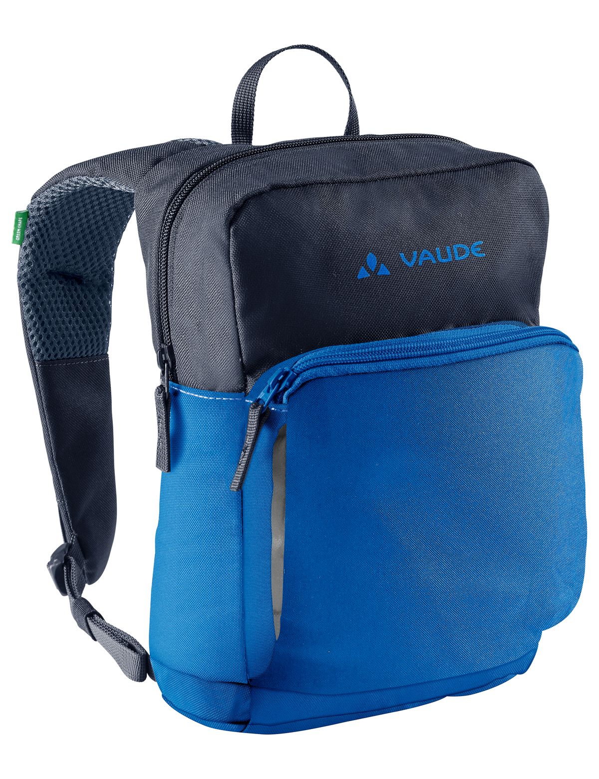 VAUDE Minnie 5 – Reflektierender Kinderrucksack, blue/eclipse (blau/schwarz), mit Tasche, außen, leicht schräg