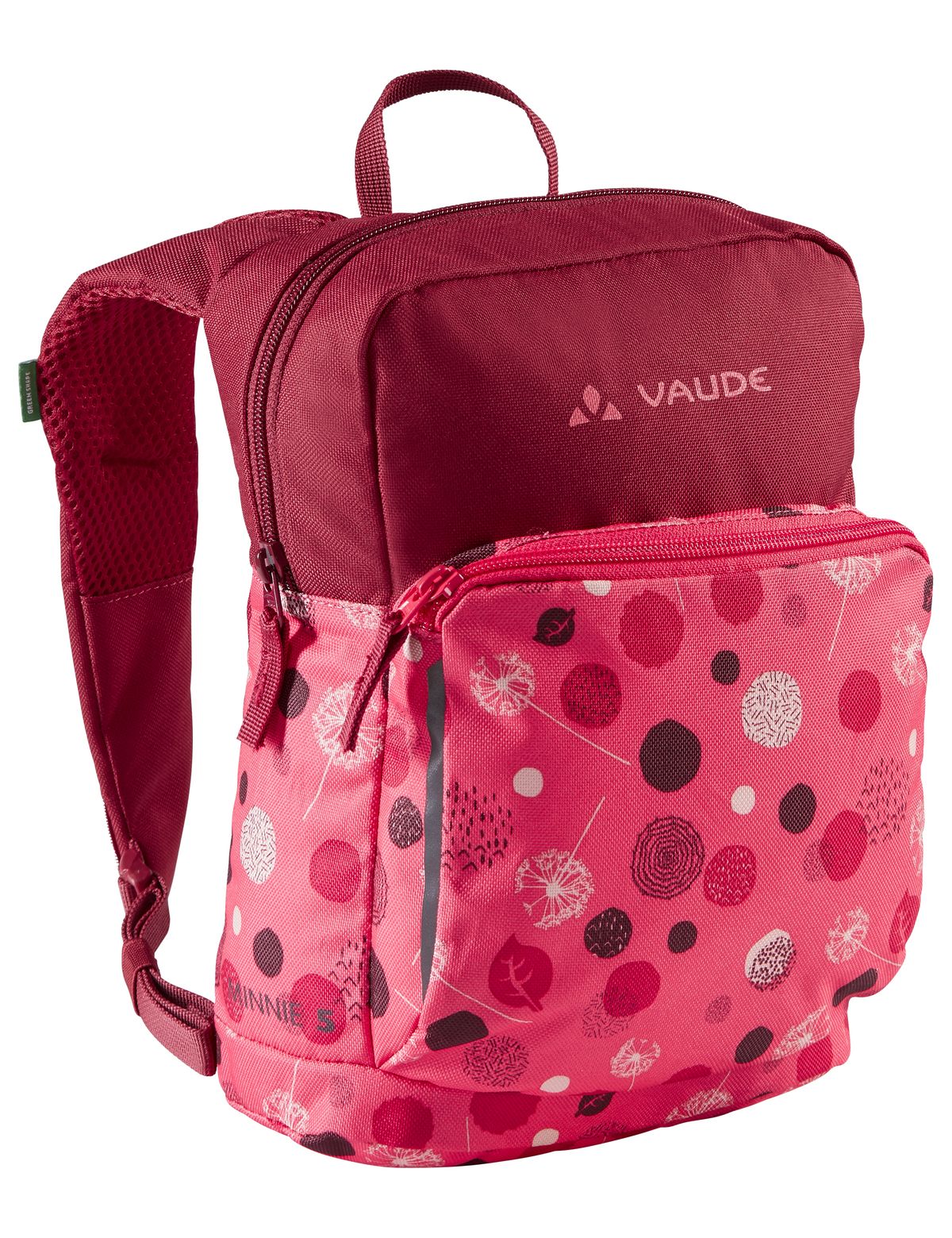 VAUDE Minnie 5 – Reflektierender Kinderrucksack, bright pink/cranberry (dunkelrot/Rosa), mit Tasche, außen, leicht schräg