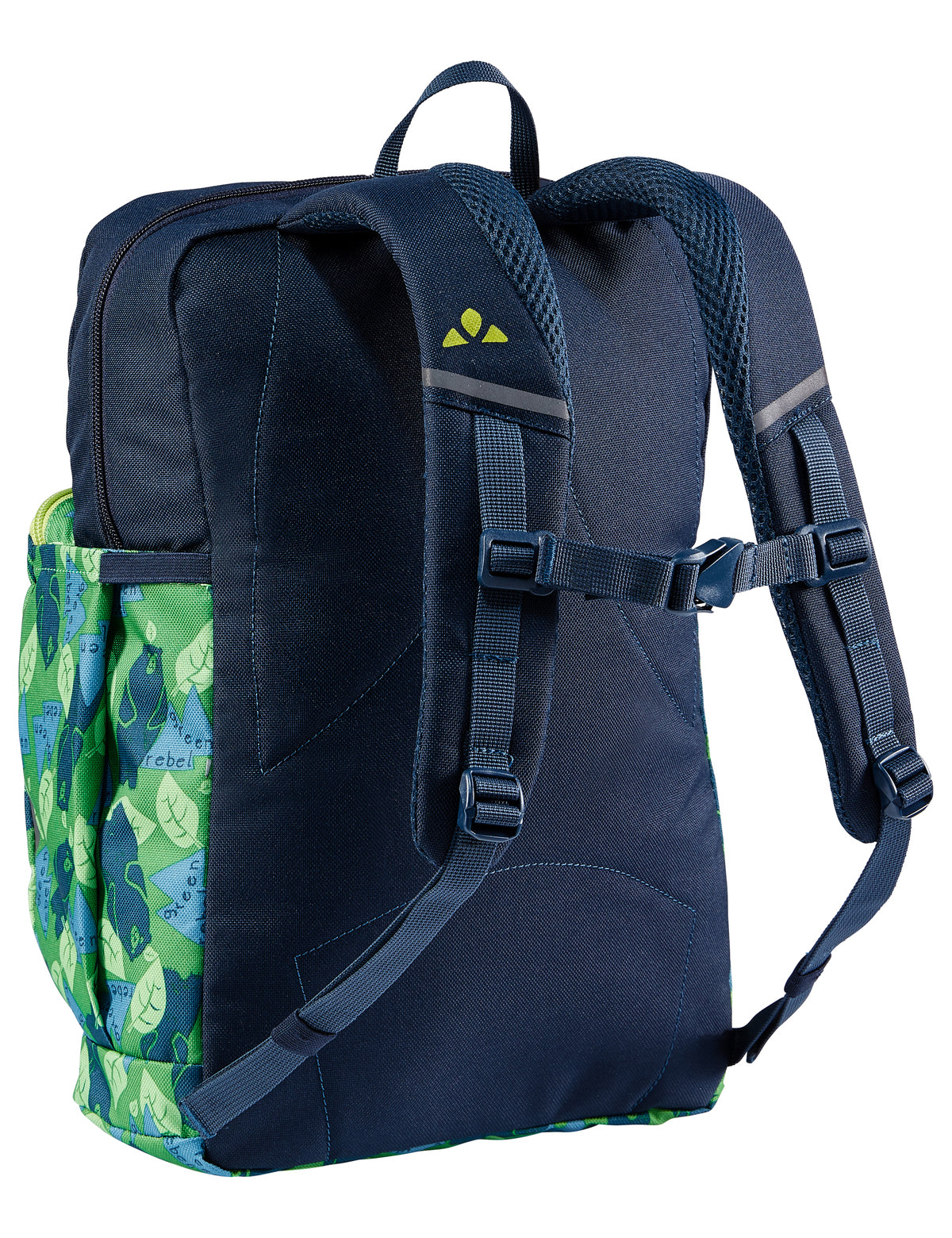 VAUDE Minnie 10: Geräumiger Kinderrucksack für Schule & Freizeit, parrot green/eclipse (schwarz/grün), leicht schräg von hinten