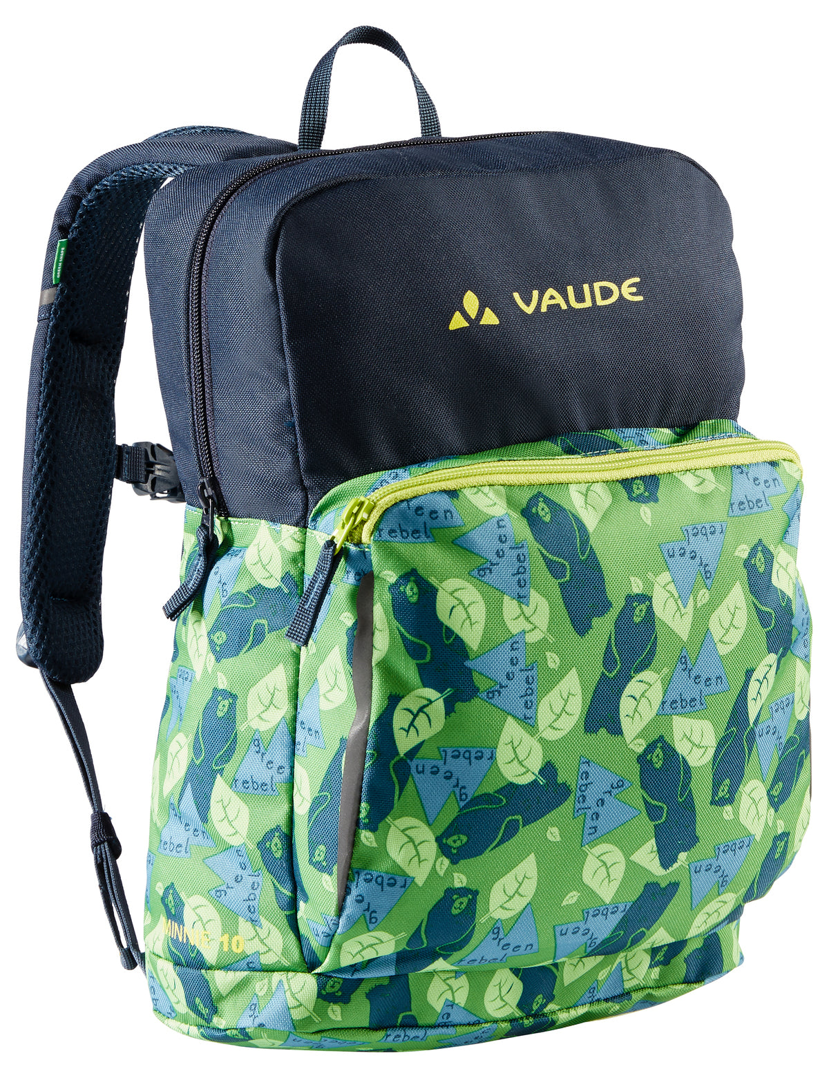VAUDE Minnie 10: Geräumiger Kinderrucksack für Schule & Freizeit, parrot green/eclipse (schwarz/grün), leicht schräg von vorn