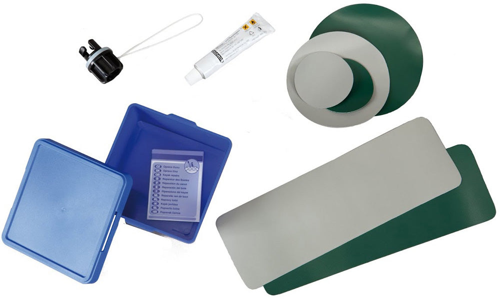 Gumotex Reparatursatz für Nitrilon-Schlauchboote, Aufbeahrungsbox, Ventiladapter, Klebstofftube, Flicken rund und rechteckig, dunkelgrün/grau
