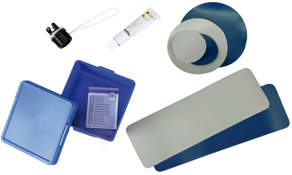 Gumotex Reparatursatz für Nitrilon-Schlauchboote, Aufbeahrungsbox, Ventiladapter, Klebstofftube, Flicken rund und rechteckig, blau/grau