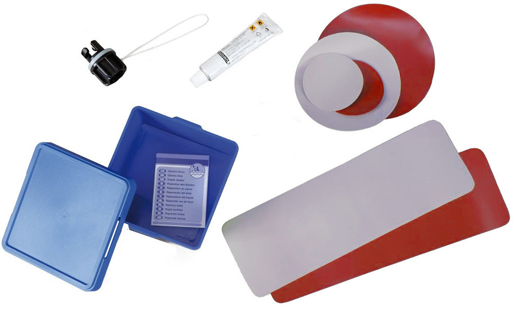 Gumotex Reparatursatz für Nitrilon-Schlauchboote, Aufbeahrungsbox, Ventiladapter, Klebstofftube, Flicken rund und rechteckig, rot/grau