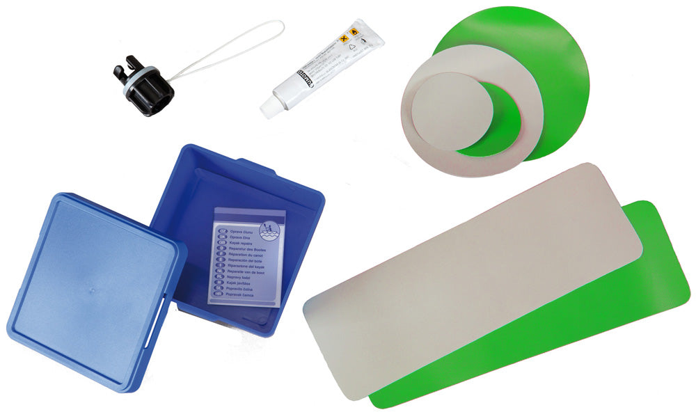 Gumotex Reparatursatz für Nitrilon-Schlauchboote, Aufbeahrungsbox, Ventiladapter, Klebstofftube, Flicken rund und rechteckig, hellgrün/grau