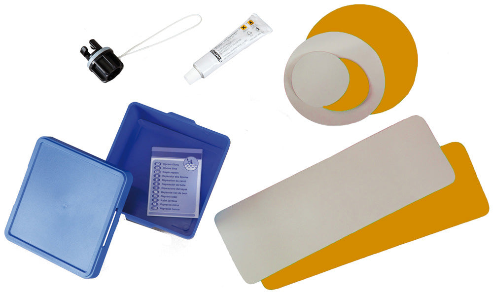 Gumotex Reparatursatz für Nitrilon-Schlauchboote, Aufbeahrungsbox, Ventiladapter, Klebstofftube, Flicken rund und rechteckig, orange/grau