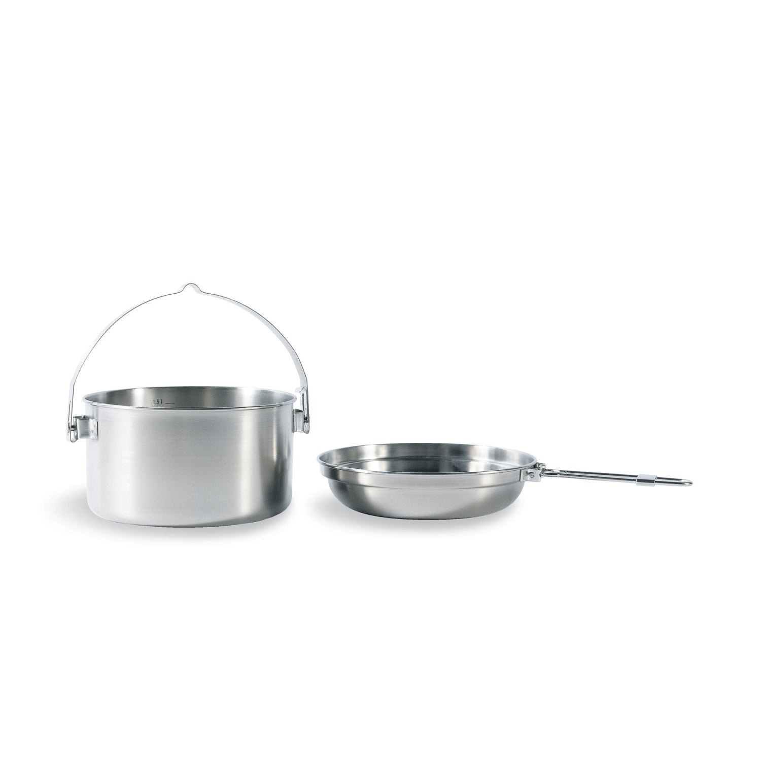 Tatonka Kettle II – 1,6L Camping-Kochset aus Edelstahl, Topf und Deckel (Pfanne) nebeneinander