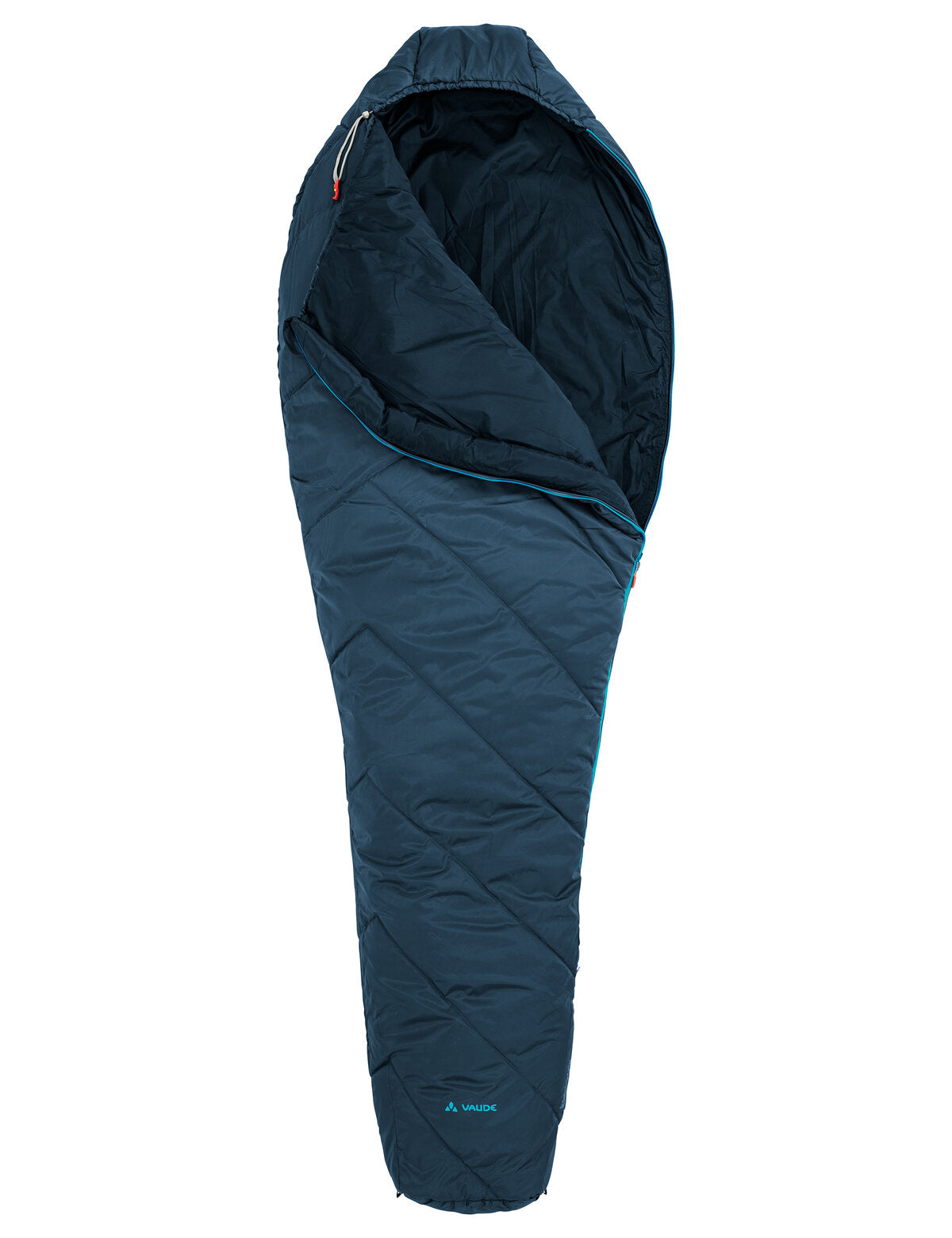 VAUDE Sioux 400 XL II SYN Extra langer Kunstfaser-Mumienschlafsack, baltic sea (dunkelblau), von vorn, leicht geöffnet