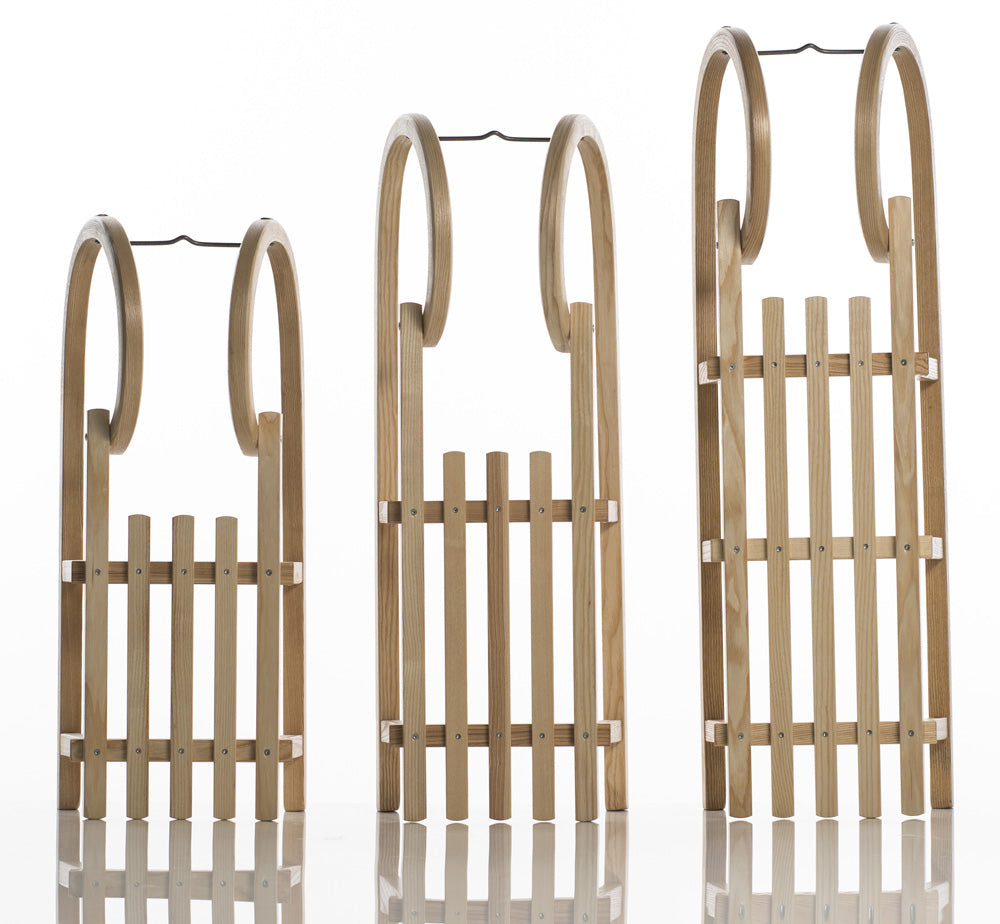 Sirch Hörnerrodel Esche mit Lattensitz Holzschlitten, Größenvergleich 85 cm, 100 cm, 115 cm