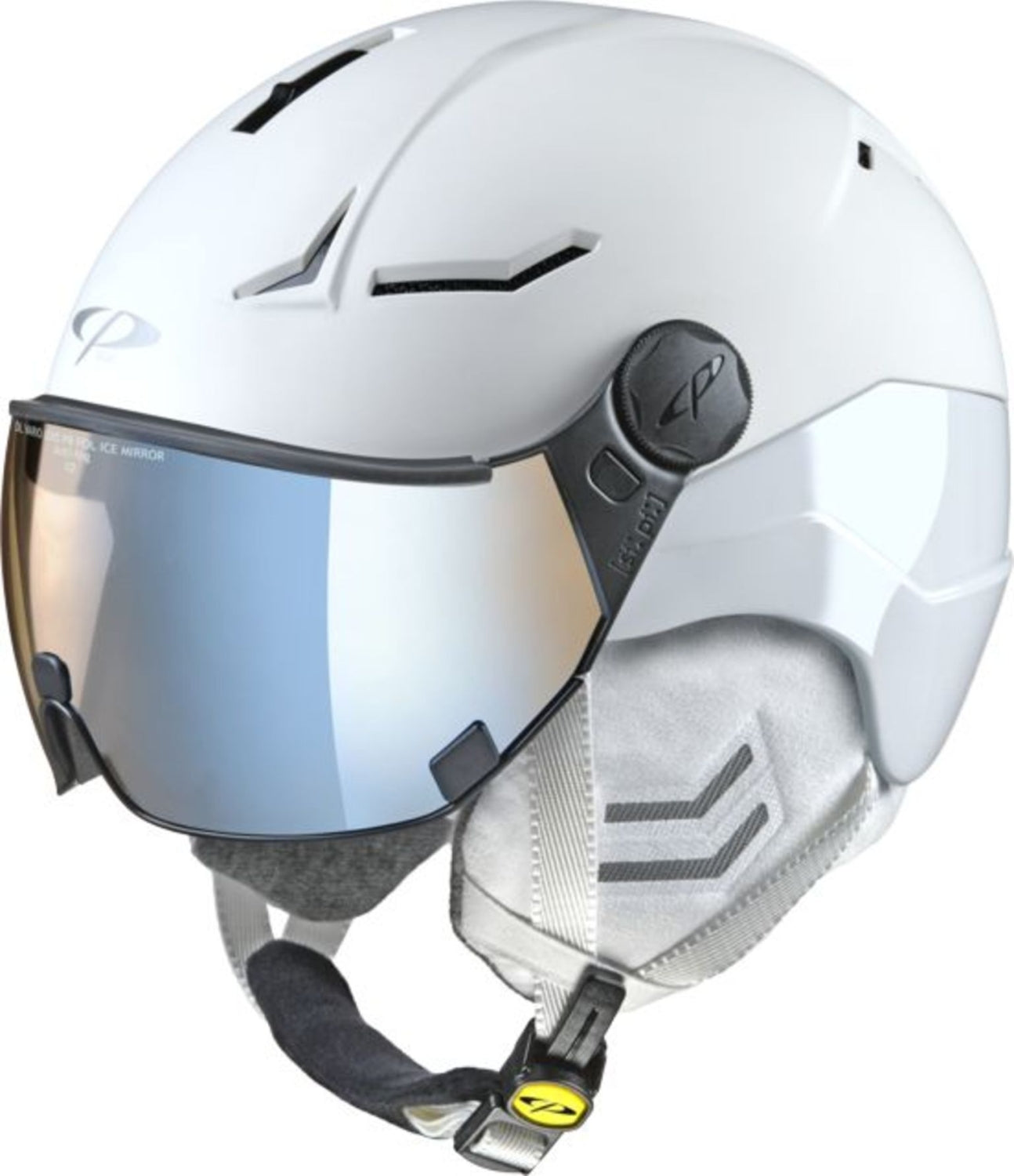 cp helmets cp coya+  cashmere Damen-Skihelm mit Visor, 	 white soft touch/white shiny / dl vario lens brown pol ice mirror, weißer Helm, leicht schräg