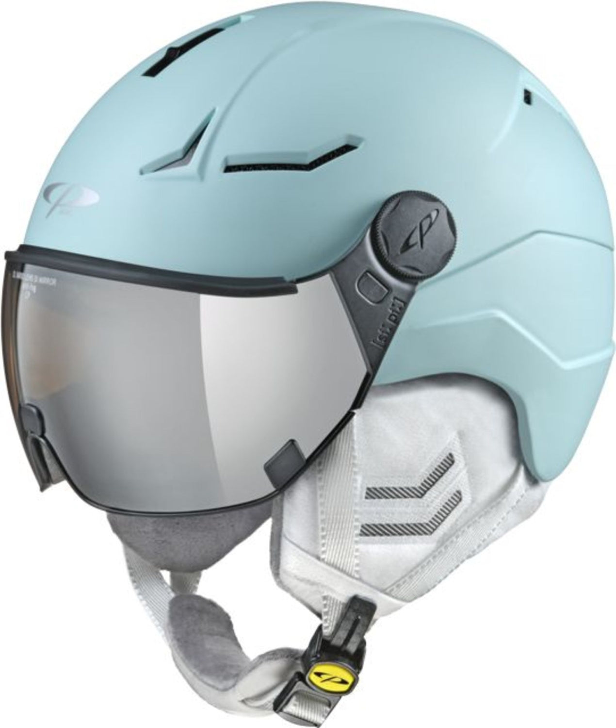 cp helmets cp coya+ Damen-Skihelm mit Visor, glacier soft touch / dl vario silver mirror (Helm hellblau),