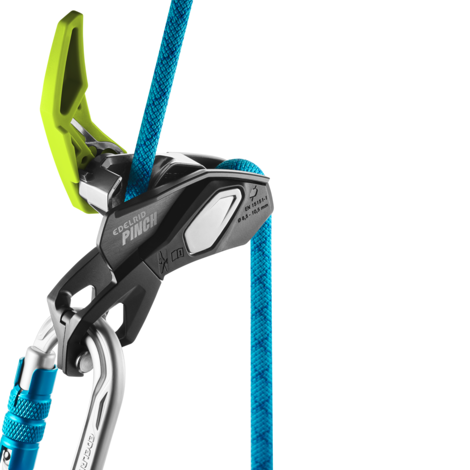 Edelrid Pinch Sicherungsgerät anthracite-oasis geöffnet mit Seil und Karabiner
