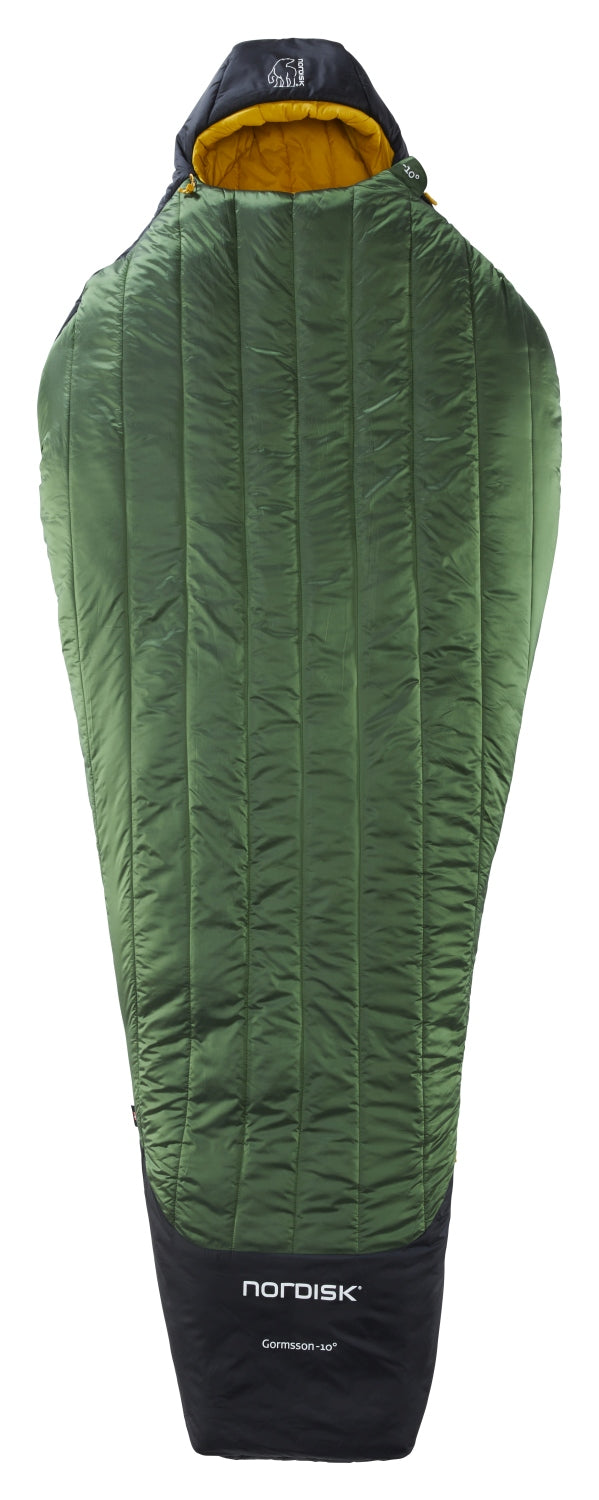 Nordisk Gormsson -10° Mumienschlafsack, artichoke green/mustard yellow/black (außen grün, innen senffarben), mit Kapuze, geschlossen