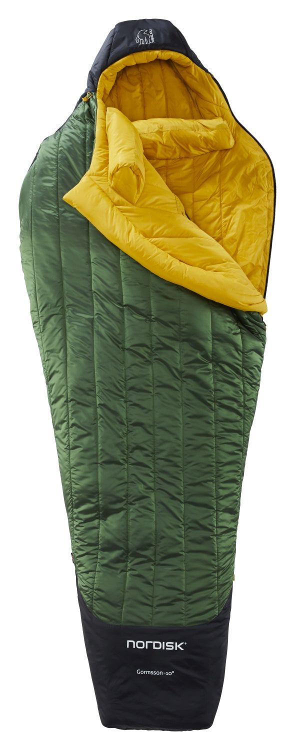 Nordisk Gormsson -10° Mumienschlafsack, artichoke green/mustard yellow/black (außen grün, innen senffarben), mit Kapuze, Reißverschluss etwas geöffnet