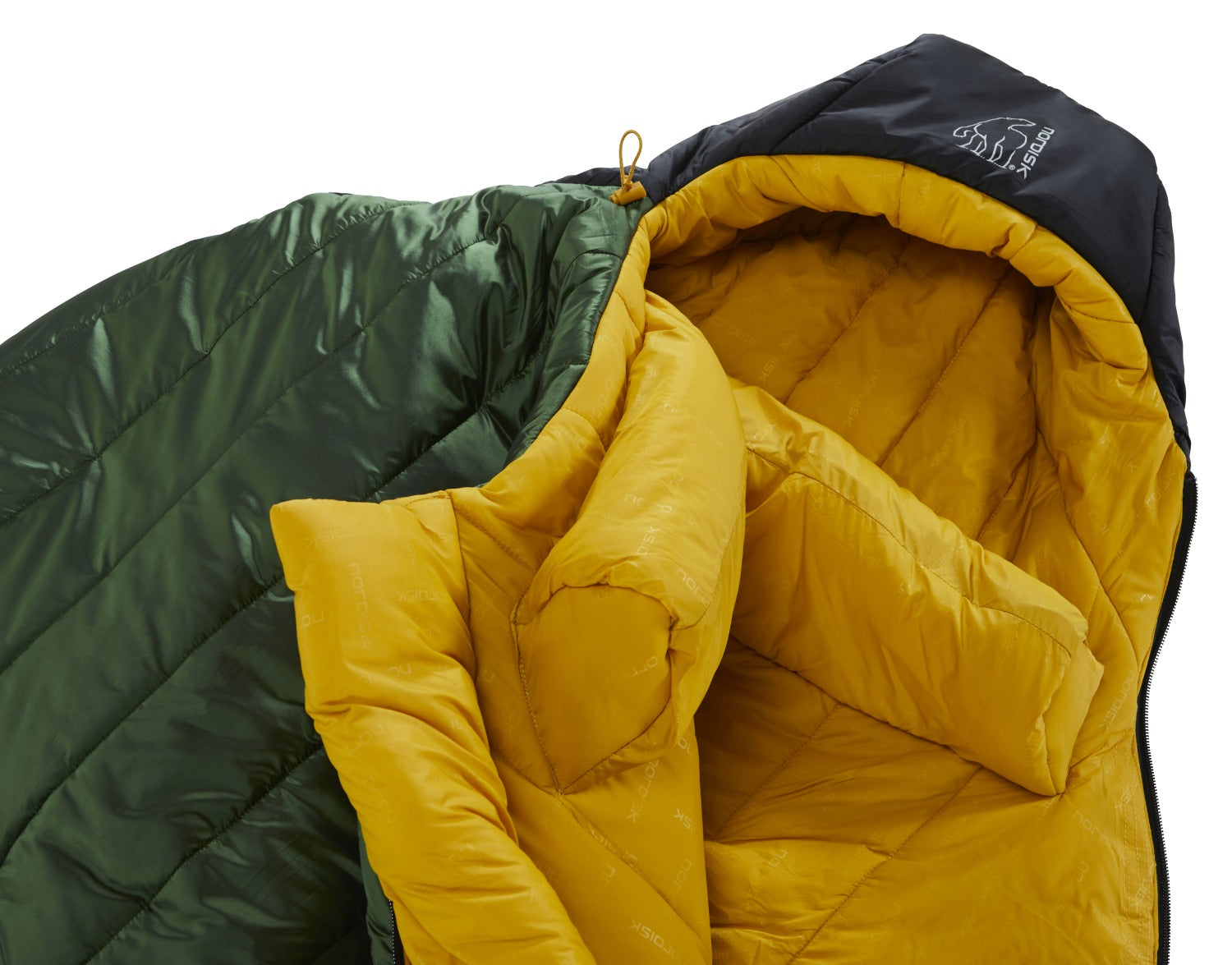 Nordisk Gormsson -10° Mumienschlafsack, artichoke green/mustard yellow/black (außen grün, innen senffarben), mit Kapuze, Detail: Kapuze