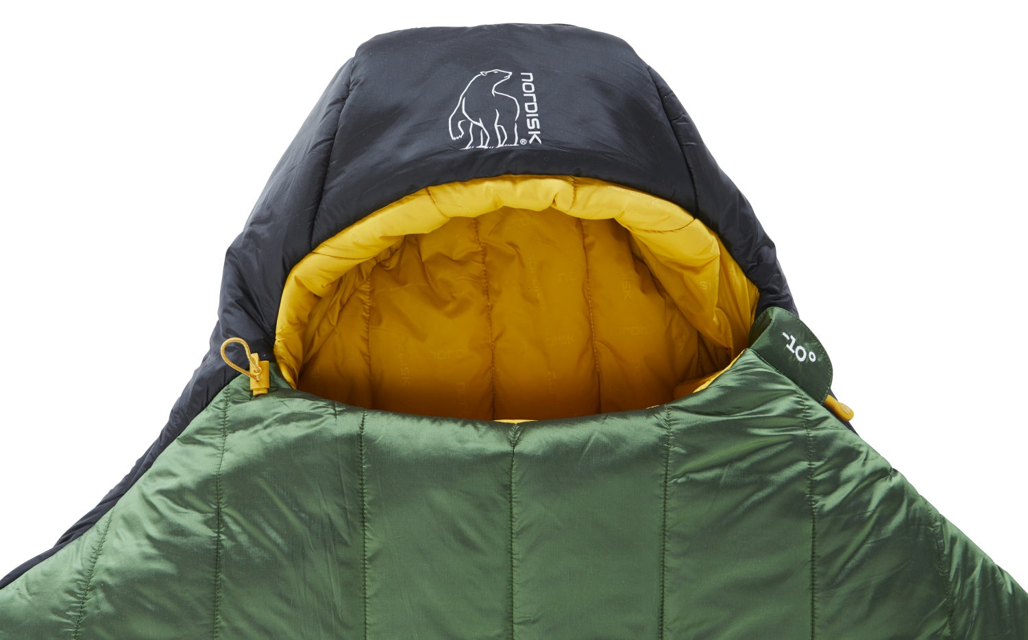Nordisk Gormsson -10° Mumienschlafsack, artichoke green/mustard yellow/black (außen grün, innen senffarben), mit Kapuze, Detail: oberer Teil