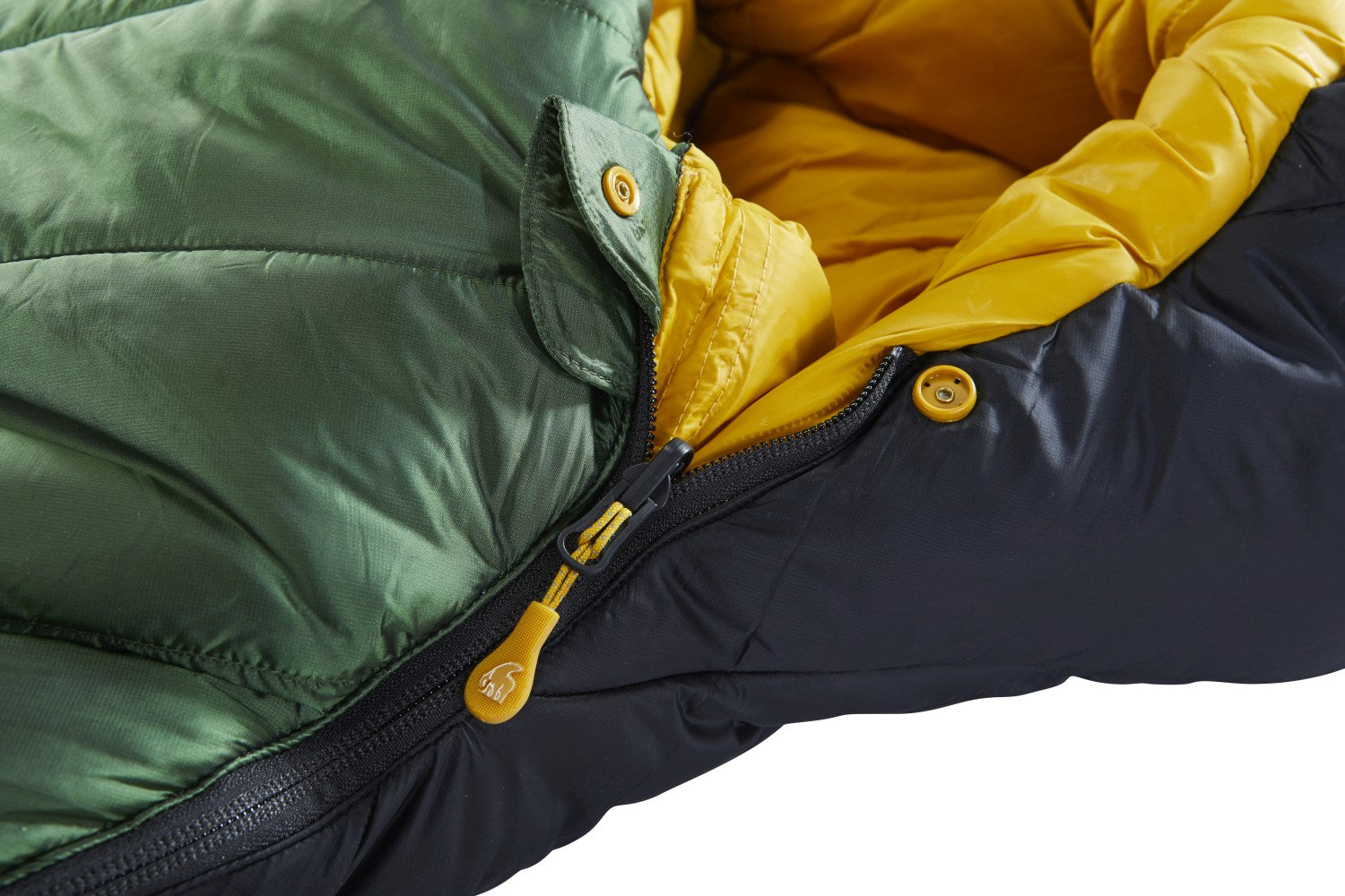 Nordisk Gormsson -10° Mumienschlafsack, artichoke green/mustard yellow/black (außen grün, innen senffarben), mit Kapuze, Detail: Reißverschluss