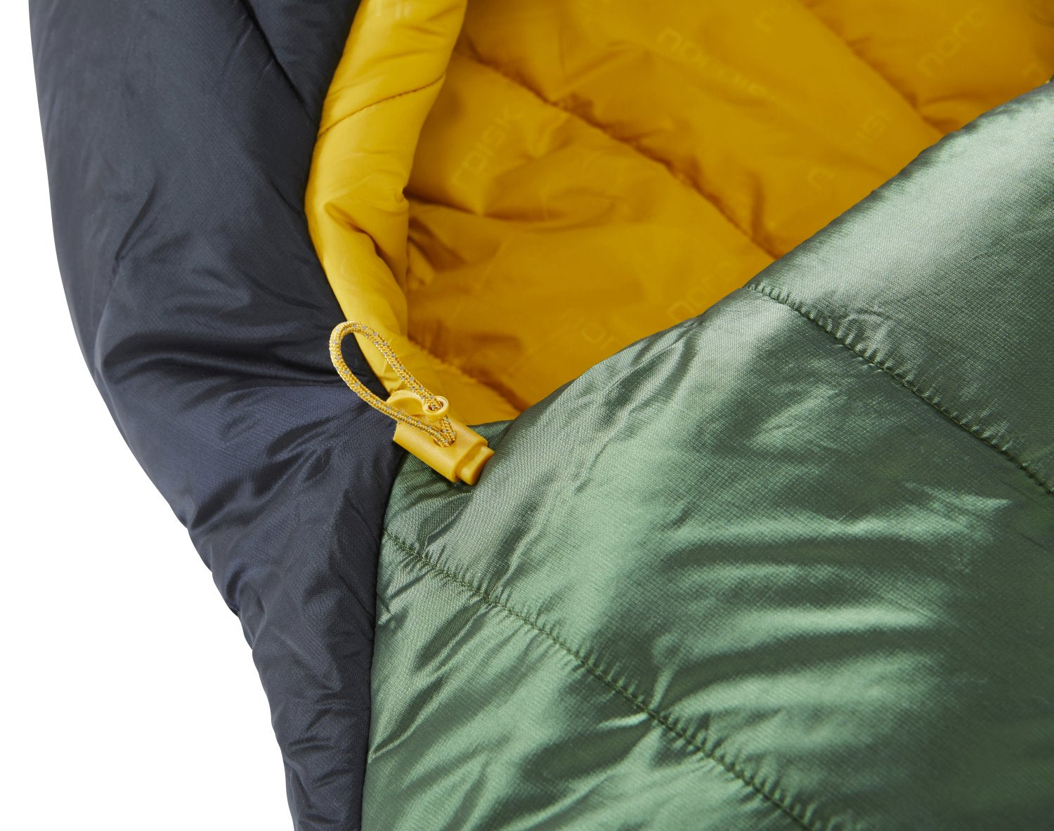 Nordisk Gormsson -10° Mumienschlafsack, artichoke green/mustard yellow/black (außen grün, innen senffarben), mit Kapuze, Detail: Kapuze links