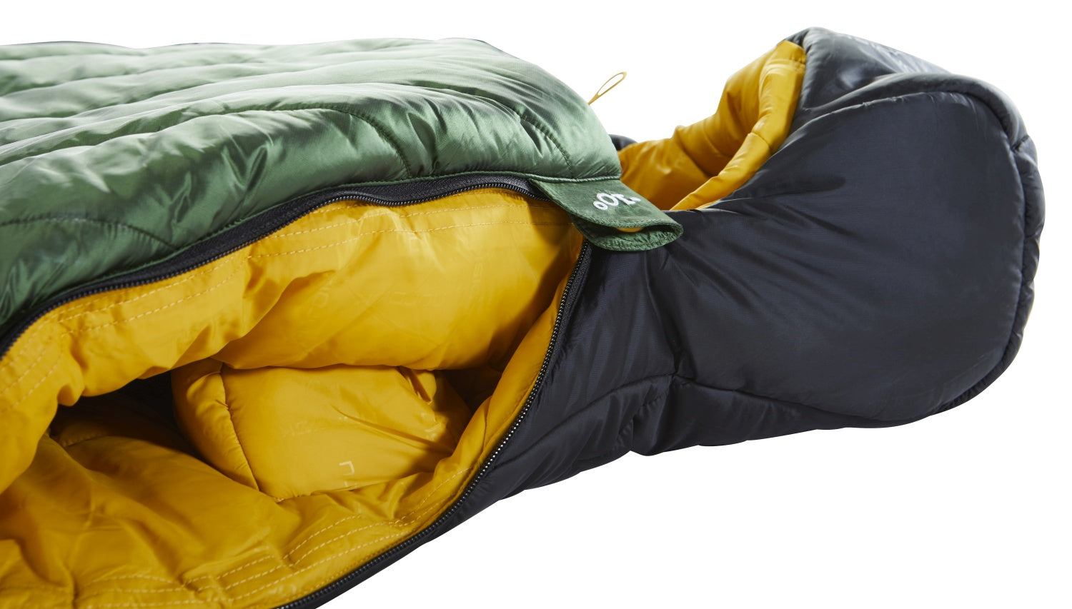 Nordisk Gormsson -10° Mumienschlafsack, artichoke green/mustard yellow/black (außen grün, innen senffarben), mit Kapuze, Detail: offener Reißverschluss an der Seite rechts