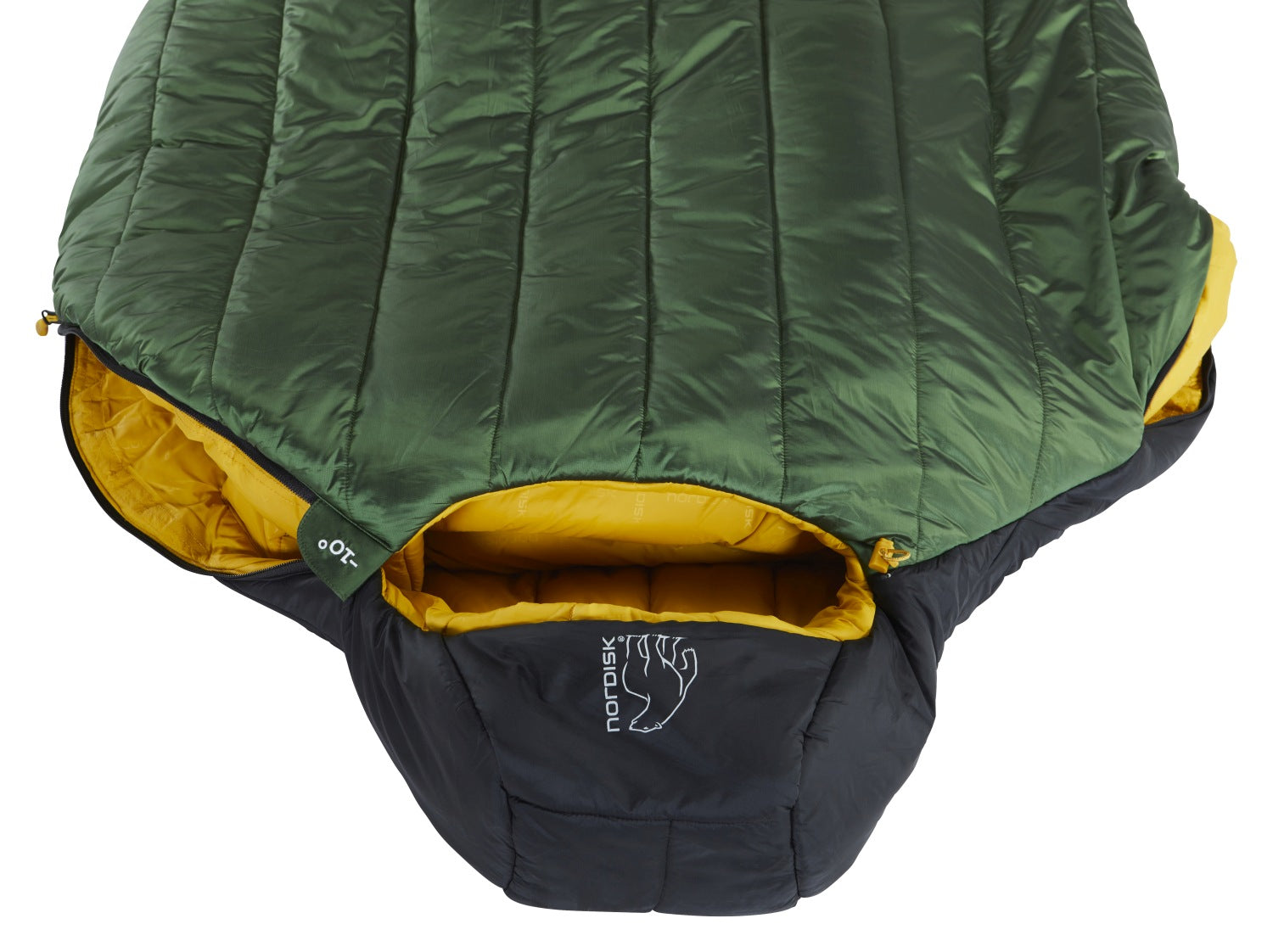 Nordisk Gormsson -10° Mumienschlafsack, artichoke green/mustard yellow/black (außen grün, innen senffarben), mit Kapuze, Detail: etwas offener Reißverschluss an der Seite rechts
