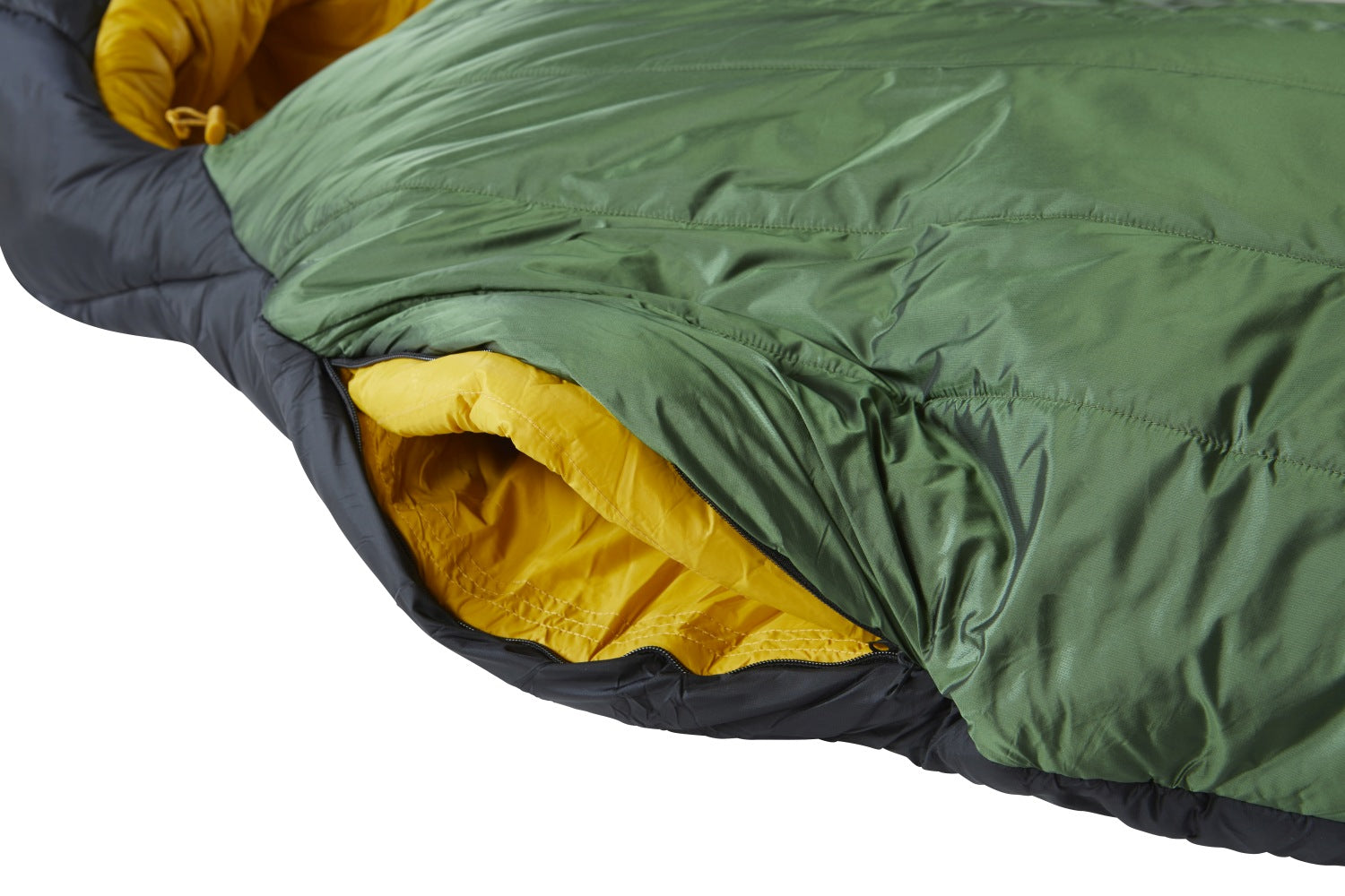 Nordisk Gormsson -10° Mumienschlafsack, artichoke green/mustard yellow/black (außen grün, innen senffarben), mit Kapuze, Detail: offener Reißverschluss an der Seite links