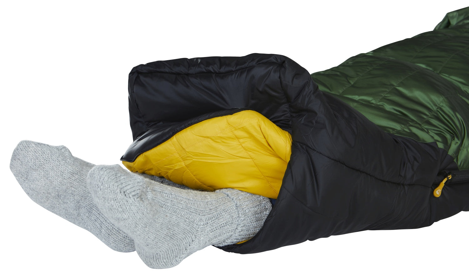 Nordisk Gormsson -10° Mumienschlafsack, artichoke green/mustard yellow/black (außen grün, innen senffarben), mit Kapuze, Detail: offenes Fußende