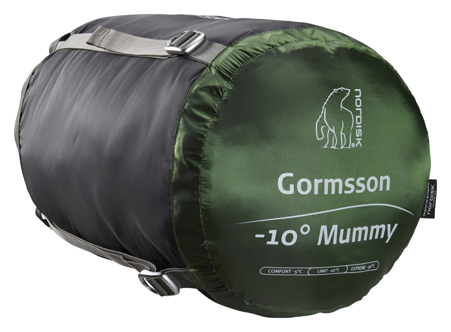 Nordisk Gormsson -10° Mumienschlafsack, artichoke green/mustard yellow/black (außen grün, innen senffarben), mit Kapuze, Detail: Kompressionssack