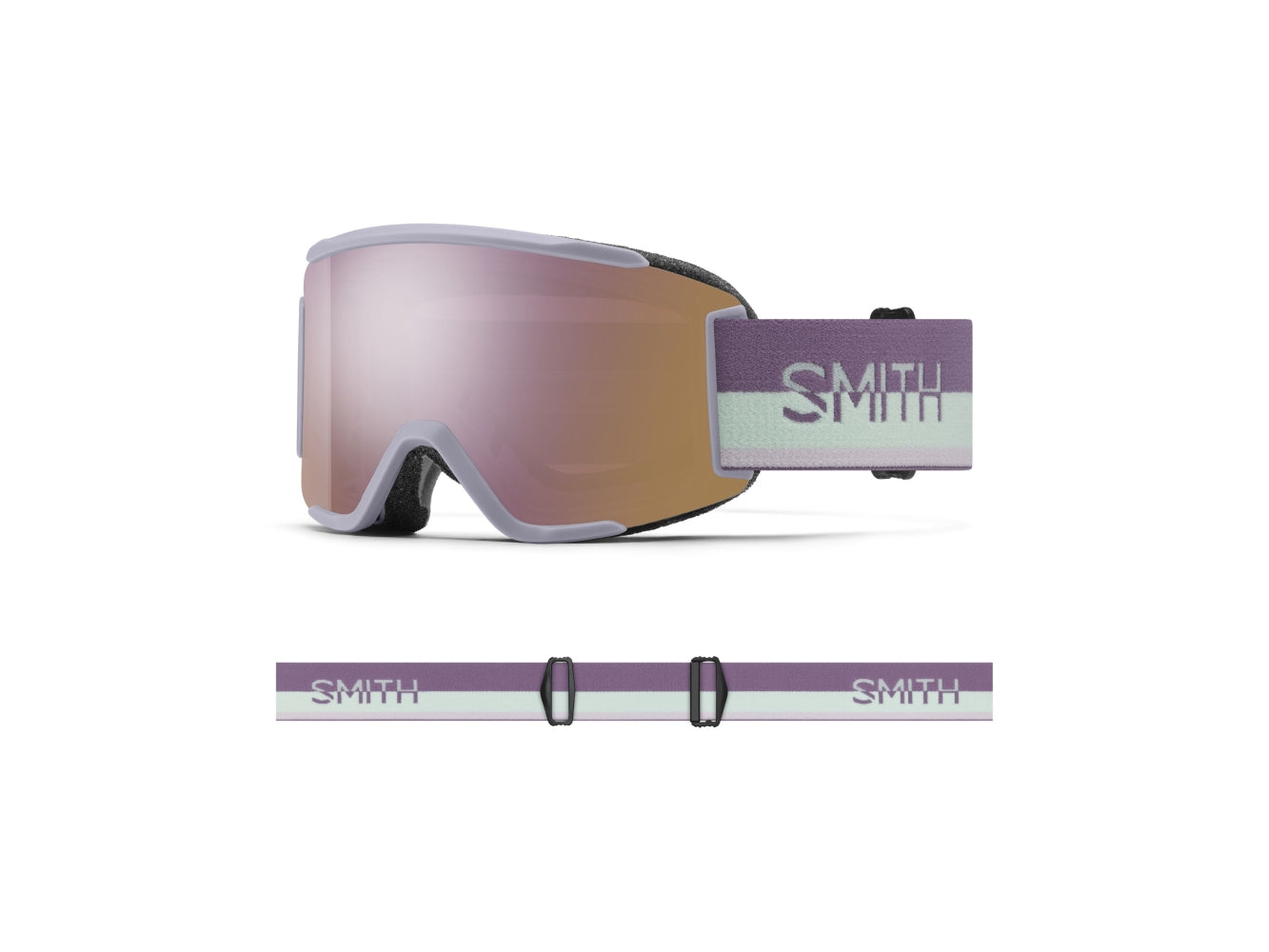 Smith SQUAD S Skibrille mit Wechselscheibe, lunar fog split 2425 / chromapop everyday rose gold mirror + clear, leicht schräg und Band weiß/rosa