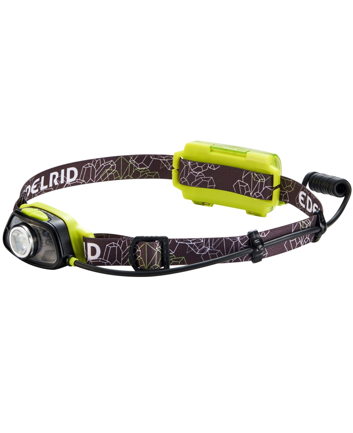Edelrid Vegalite Stirnlampe – 250 Lumen, braunes Bad mit Muster und edelrid Schriftzug