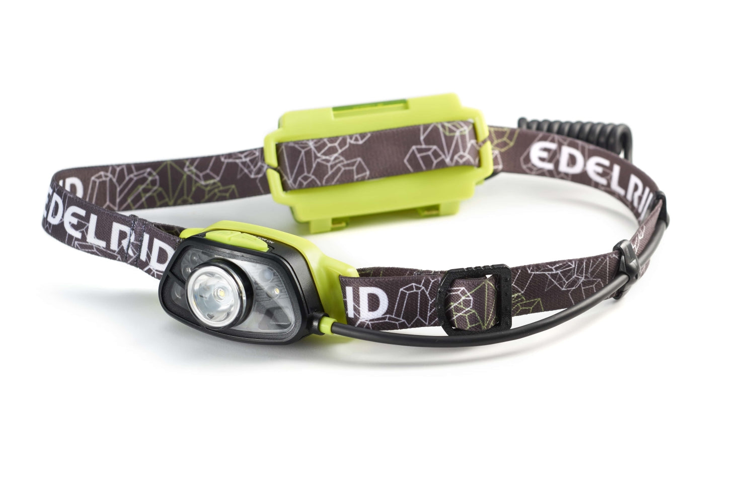 Edelrid Vegalite Stirnlampe – 250 Lumen, braunes Bad mit Muster und edelrid Schriftzug, mehr Details sichtbar