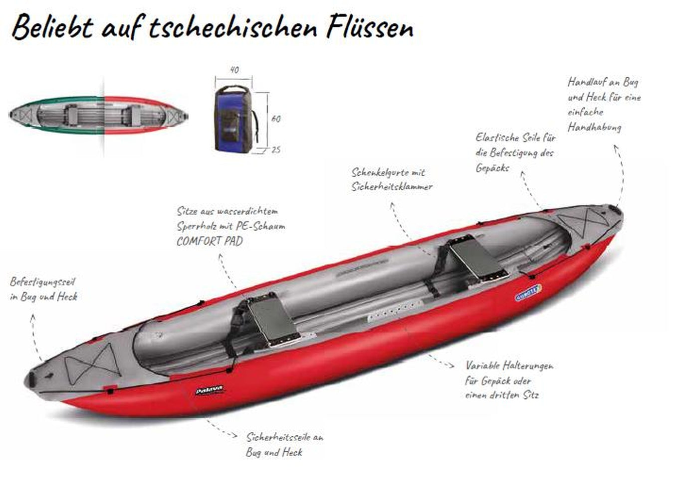 Eigenschaften und Vorteile von Gumotex Palava 2+1 Personen Schlauchkanadier, rot, zwei Sitze, leicht schräg