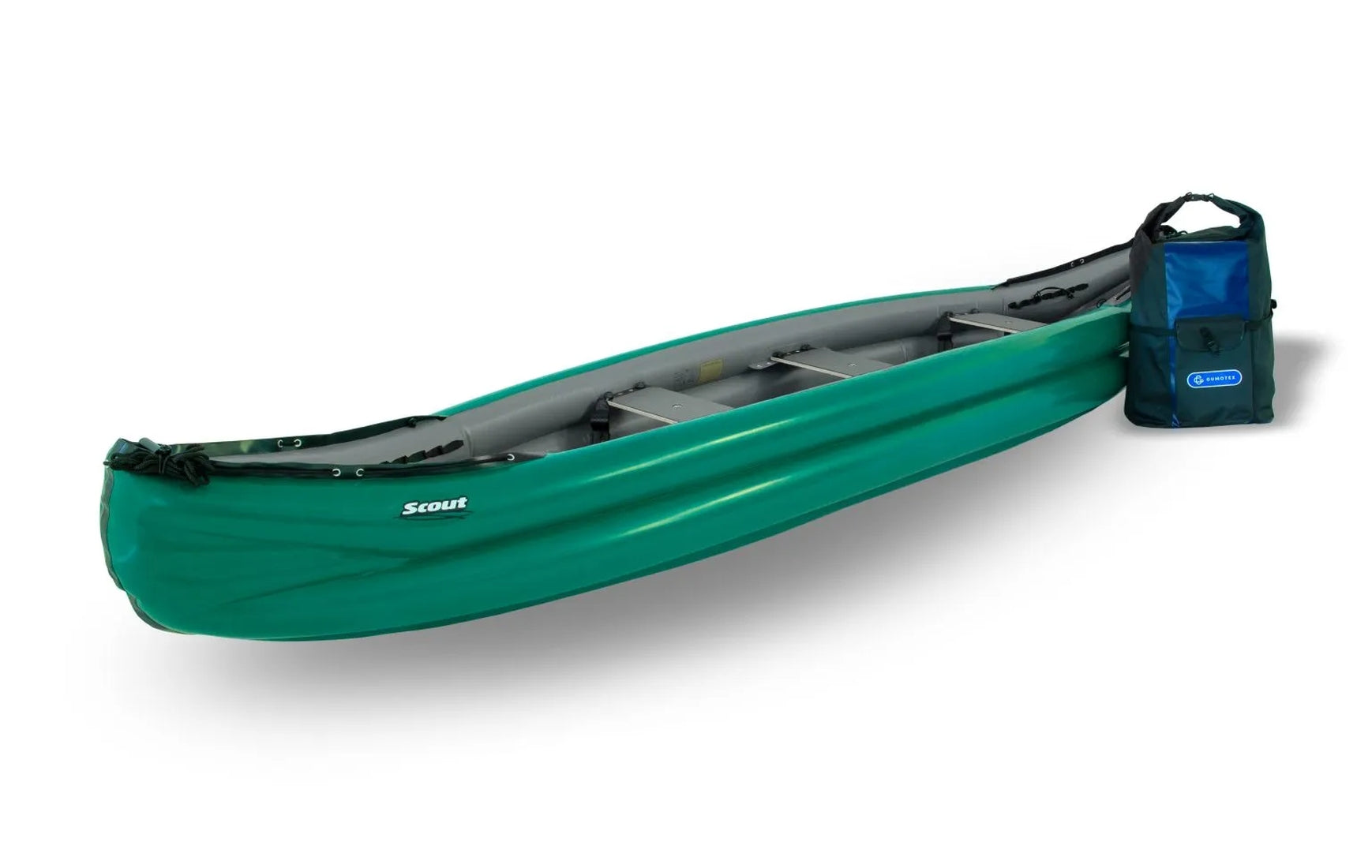 Gumotex Scout Standard 3er Schlauchkanu – Aufblasbares Kanadier, grün, leicht schräg mit Packsack