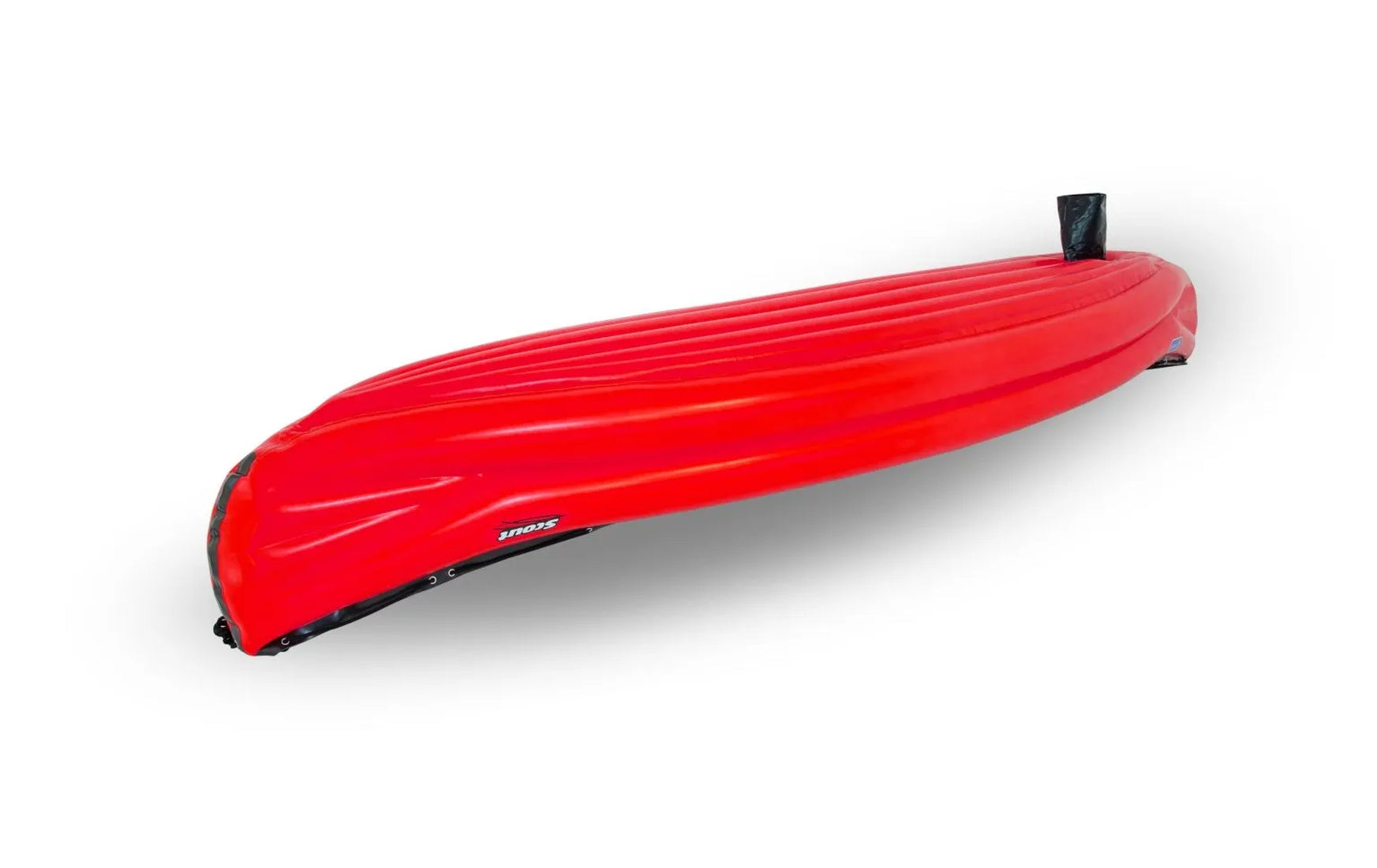 Gumotex Scout Standard 3er Schlauchkanu – Aufblasbares Kanadier, rot. kopfüber, leicht schräg, mit Finne