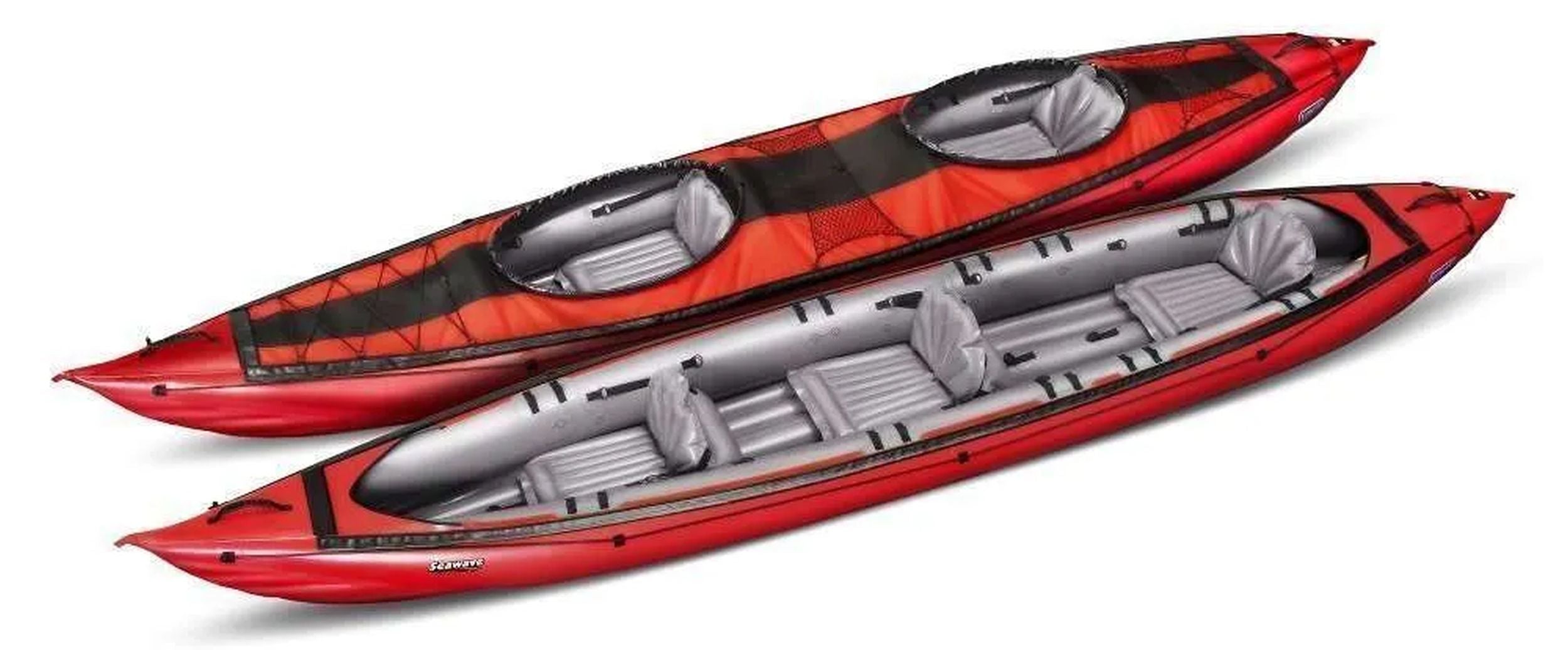 Gumotex Seawave Seekajak 1-3 Personen – Aufblasbares Schlauchboot, rot, leicht schräg, Spritzdecke neben Luftboot