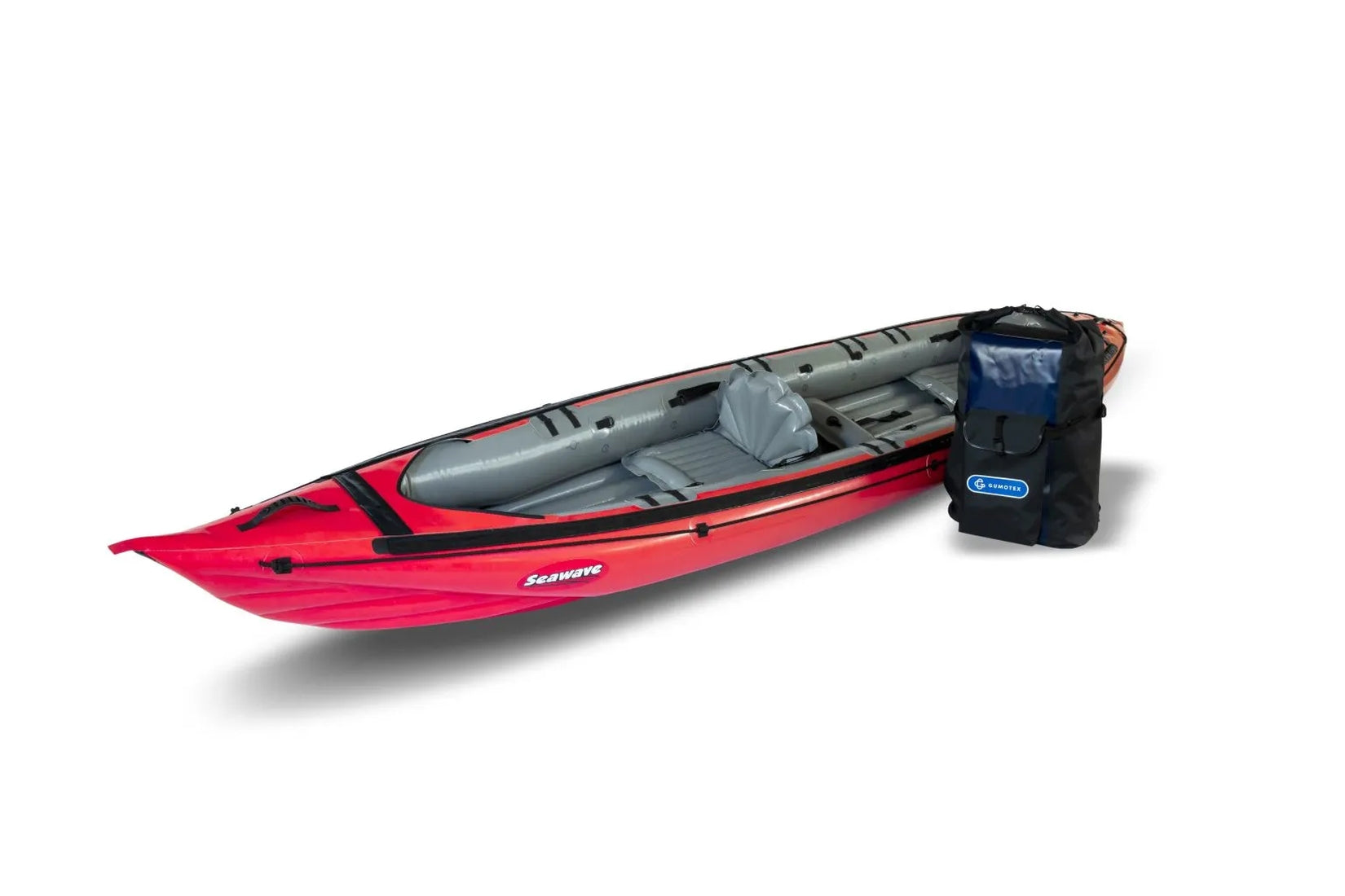 Gumotex Seawave Seekajak 1-3 Personen – Aufblasbares Schlauchboot, rot, leicht schräg, mit Packsack
