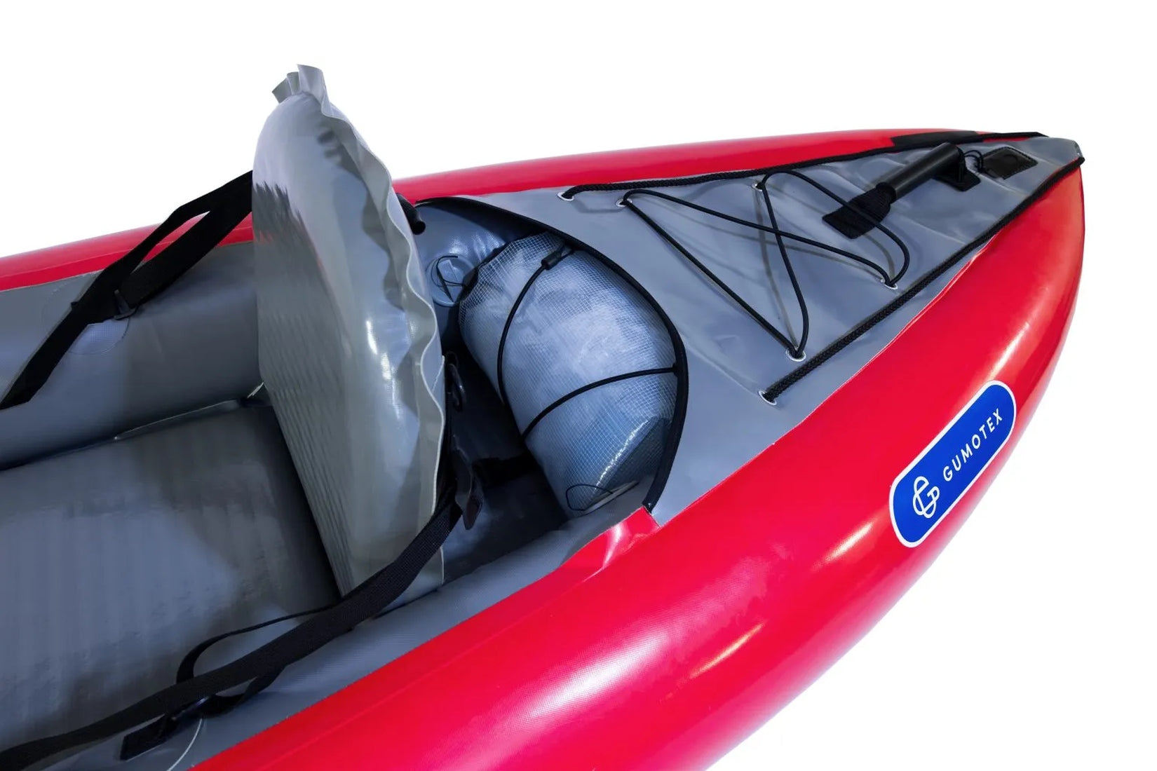 Gumotex Thaya Schlauchkajak aufblasbar 2+1 Personen rot, Heck, ohne Gepäck, leicht schräg