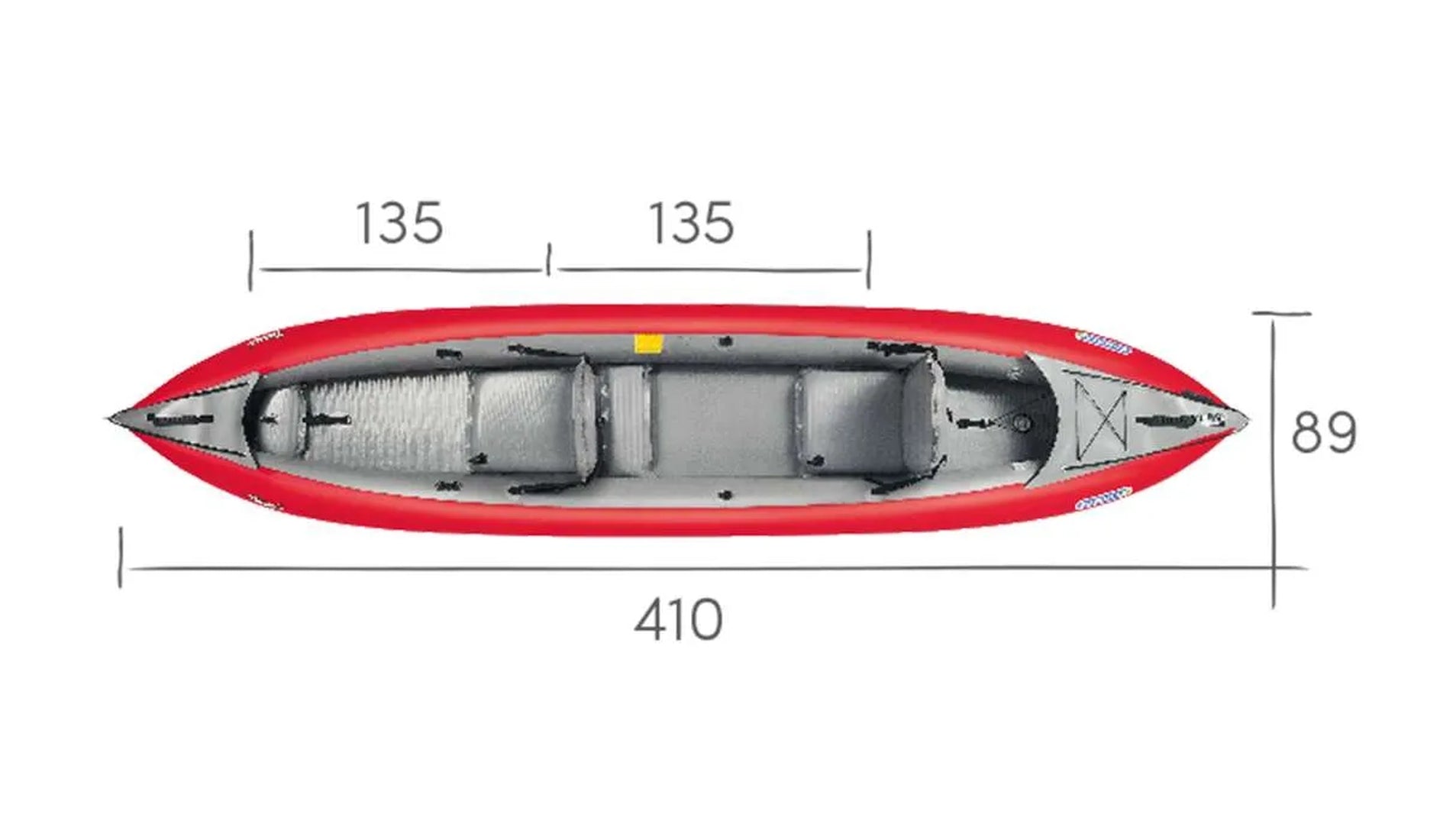 Maße für Gumotex Thaya Schlauchkajak aufblasbar 2+1 Personen rot, Boot von oben