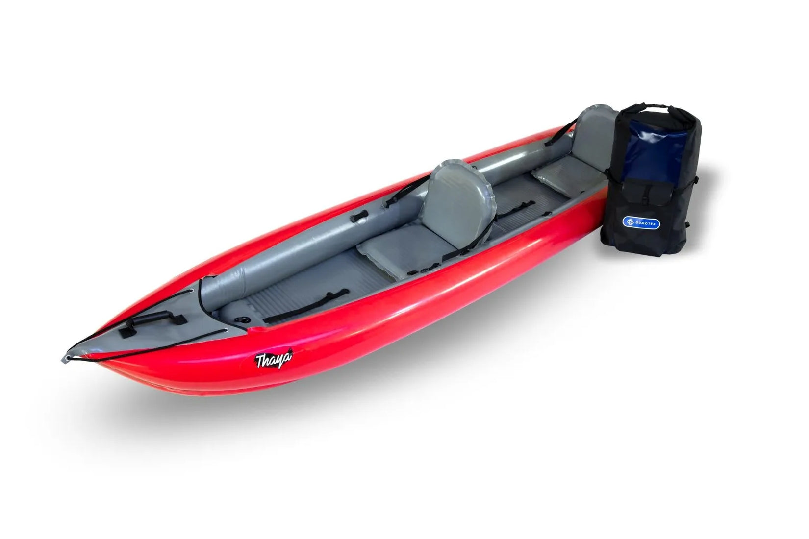 Gumotex Thaya Schlauchkajak aufblasbar 2+1 Personen rot, mit zwei Sitzen und Packsack, leicht seitlich