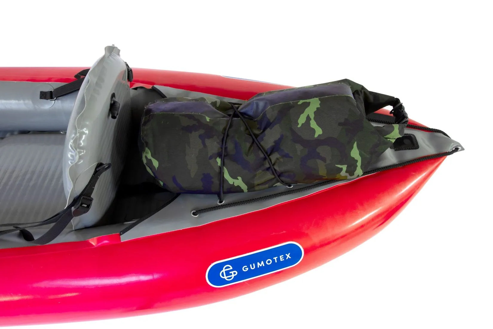 Gumotex Thaya Schlauchkajak aufblasbar 2+1 Personen rot, Heck, mit Gepäck