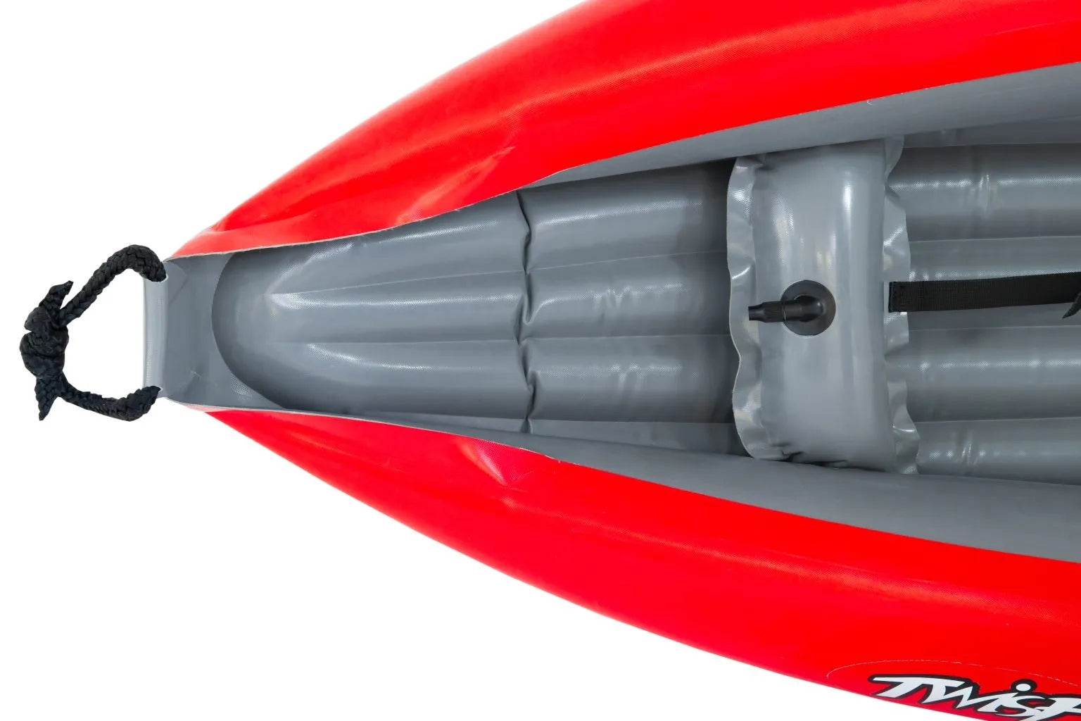 Gumotex Twist 2/1 – Aufblasbares Schlauchkajak für 1–2 Personen, rot, Bug mit Fußstütze