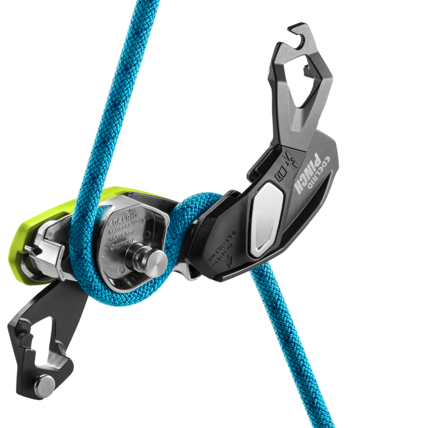 Edelrid Pinch Sicherungsgerät anthracite-oasis geöffnet mit Seil