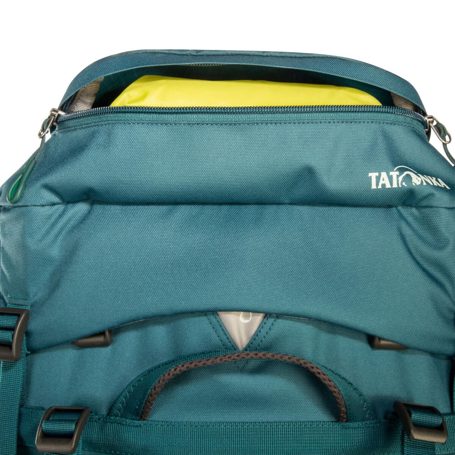 Tatonka Yukon 70+10 Trekkingrucksack, grün Detail: geöffneter Reißverschluss in Deckel
